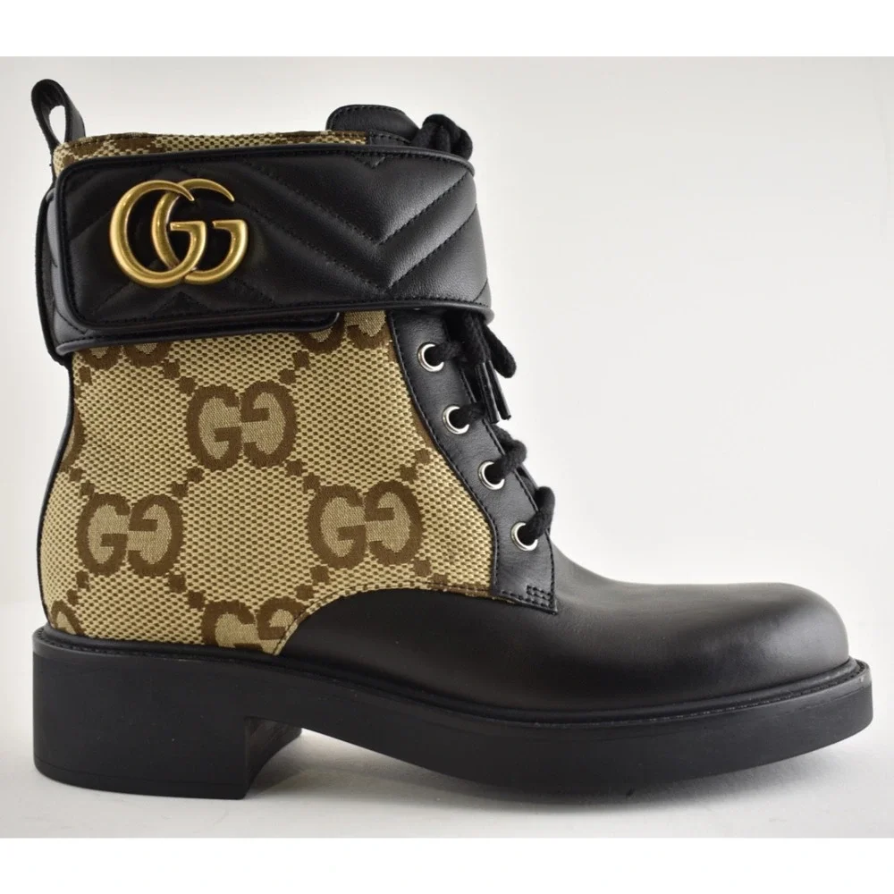 Gucci Marmont Black Leather Beige GG Coated Canvas Logo Print Combat Boots 38